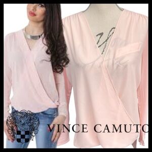 Vince Camuto Taffy Pink Sheer Front Crossover Hi-Lo Blouse (M)